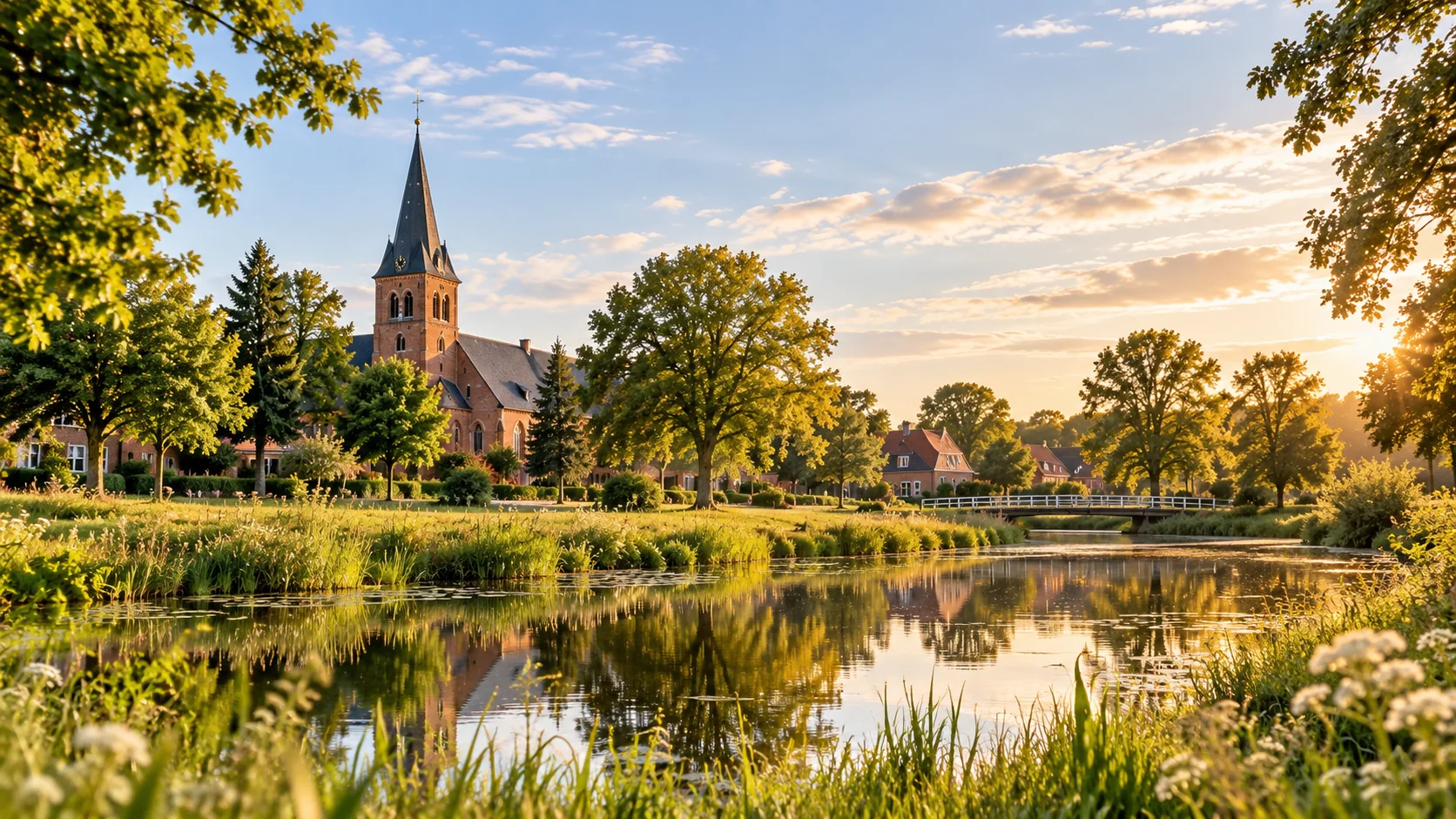 Illustrative Dorf- und Wasserlandschaft als Stimmungsmotiv für das Ammerland